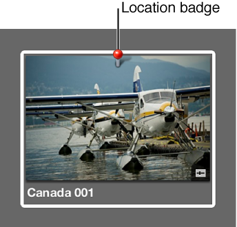 Figure. Location badge on a thumbnail image in the Browser indicating that location information has been assigned to the image.