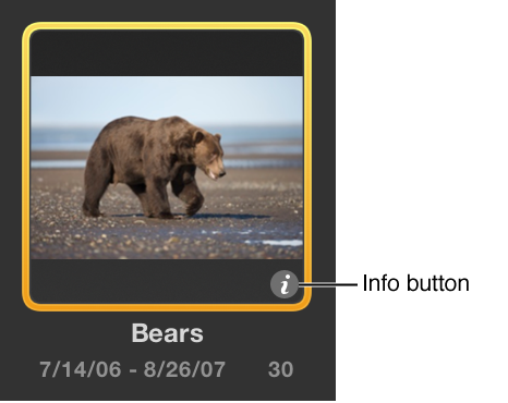 Figure. Info button on a project's thumbnail image in Events view.