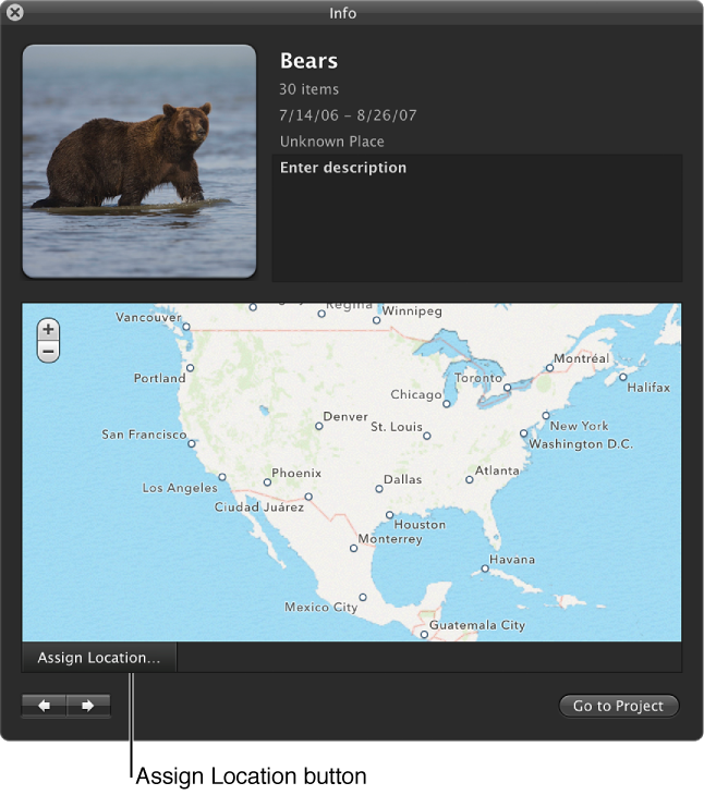 Figure. Assign Location button in the Info HUD in Events view.