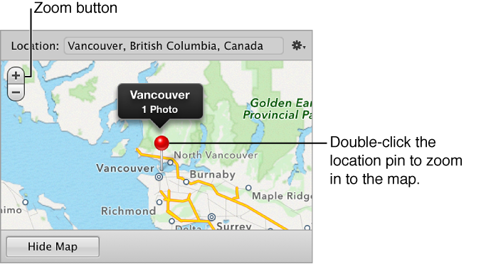 Figure. Zoom buttons and location pin in the Map pane of the Info inspector.