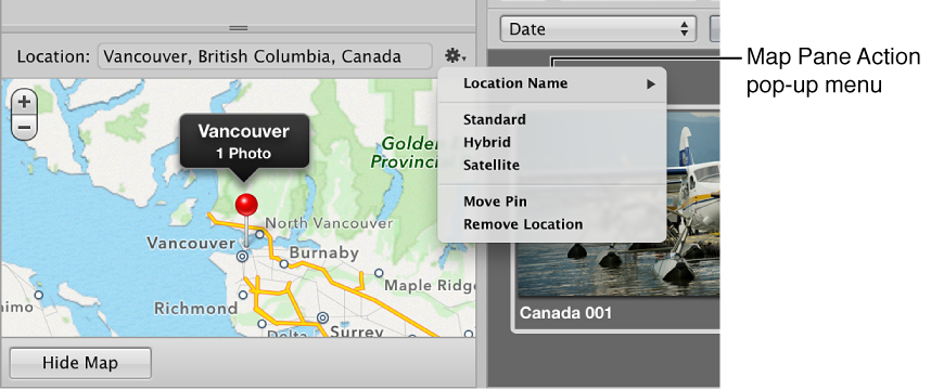 Figure. Map Pane Action pop-up menu in the Info inspector.