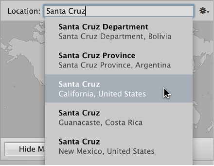Figure. Map pane of the Info inspector showing the location name entered in the Location field and a location selected in the search results list.