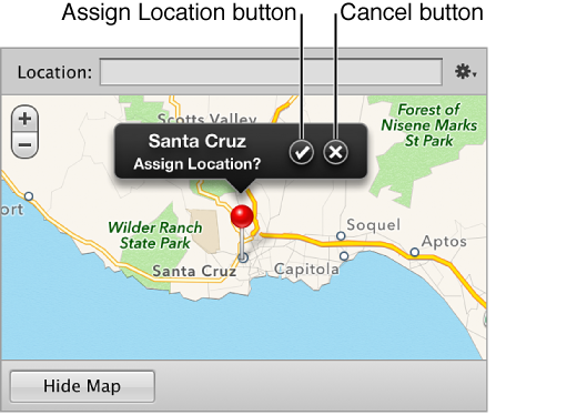 Figure. Assign Location and Cancel buttons in a location label in the Map pane of the Info inspector.