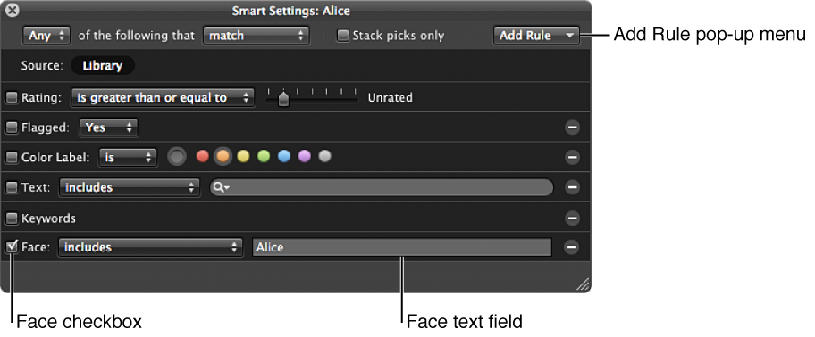 Figure. Face search options in the Smart Settings HUD.