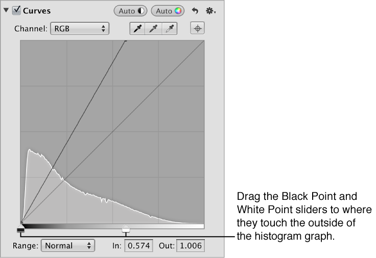 Figure. Black Point and White Point sliders in the Curves area of the Adjustments inspector.