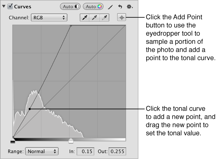 Figure. New point added to the tonal curve in the Curves area of the Adjustments inspector.
