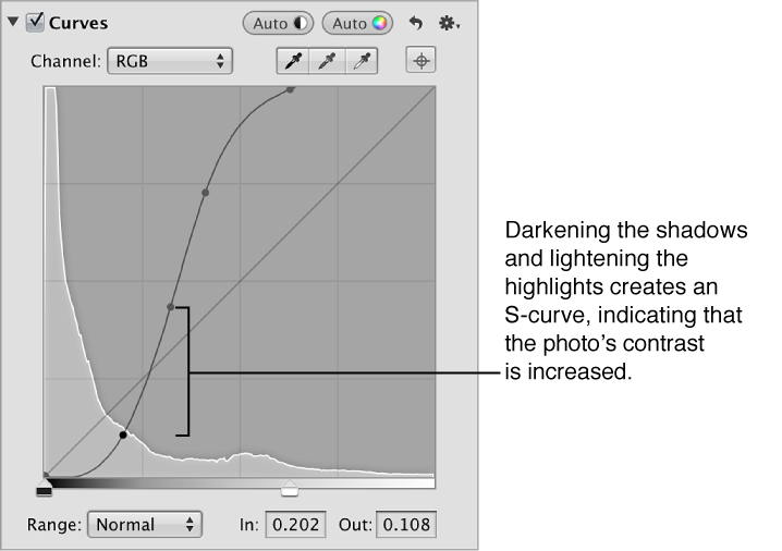 Figure. An S-curve in the Curves area of the Adjustments inspector.