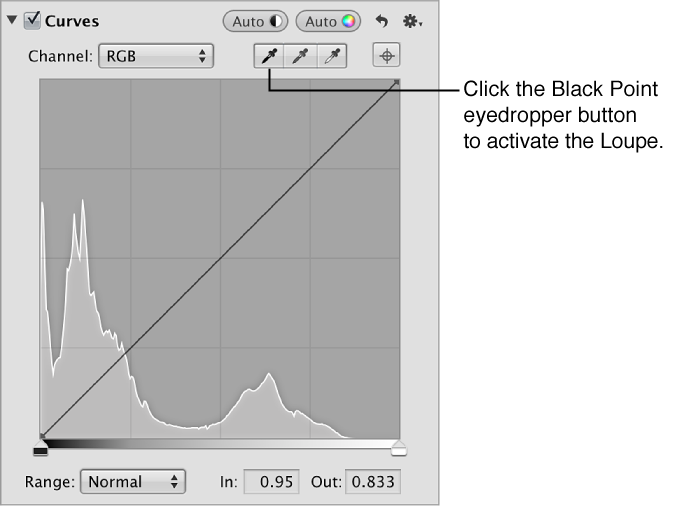 Figure. Black Point eyedropper tool in the Curves area of the Adjustments inspector.