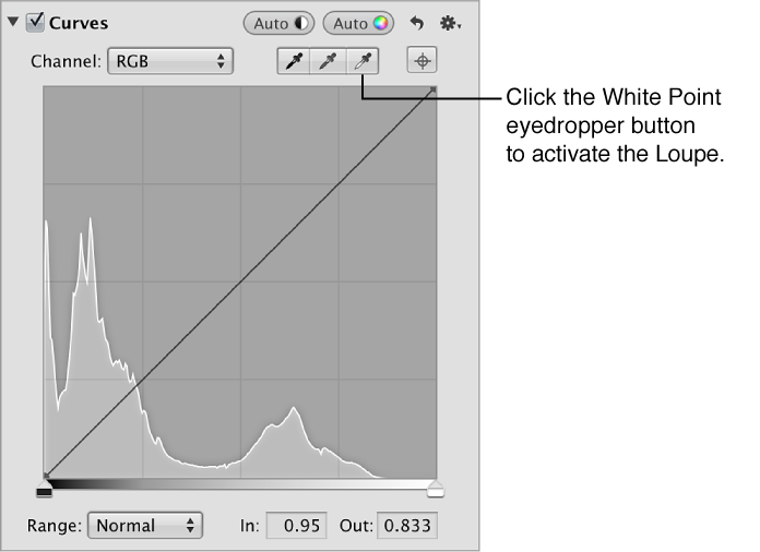 Figure. White Point eyedropper tool in the Curves area of the Adjustments inspector.