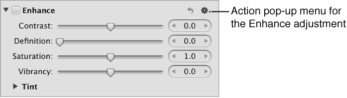 Figure. Action pop-up menu for the Enhance adjustment.