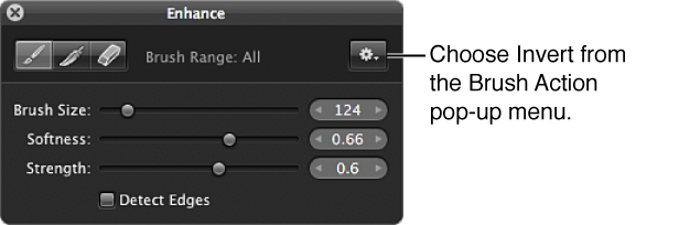 Figure. Brush Action pop-up menu in the Brush HUD for the Enhance adjustment.