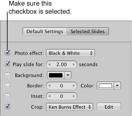 Figure. "Photo effect" checkbox and pop-up menu in the Selected Slides pane of the Slideshow Editor.