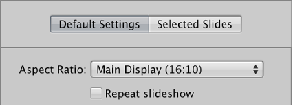 Figure. Aspect Ratio pop-up menu in the Default Settings pane of the Slideshow Editor.