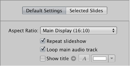 Figure. "Repeat slideshow" and "Loop main audio track" checkboxes in the Default Settings pane of the Slideshow Editor.
