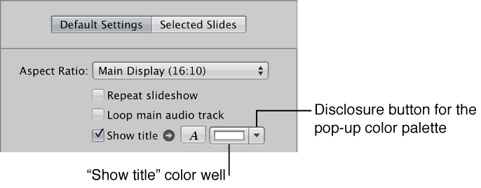 Figure. "Show title" controls in the Default Settings pane of the Slideshow Editor.