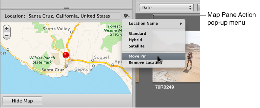 Figure. Map Pane Action pop-up menu in the Info inspector.