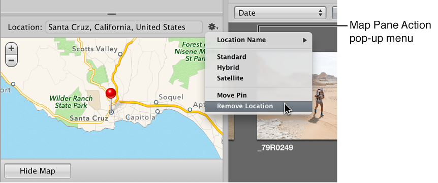 Figure. Map Pane Action pop-up menu in the Info inspector.