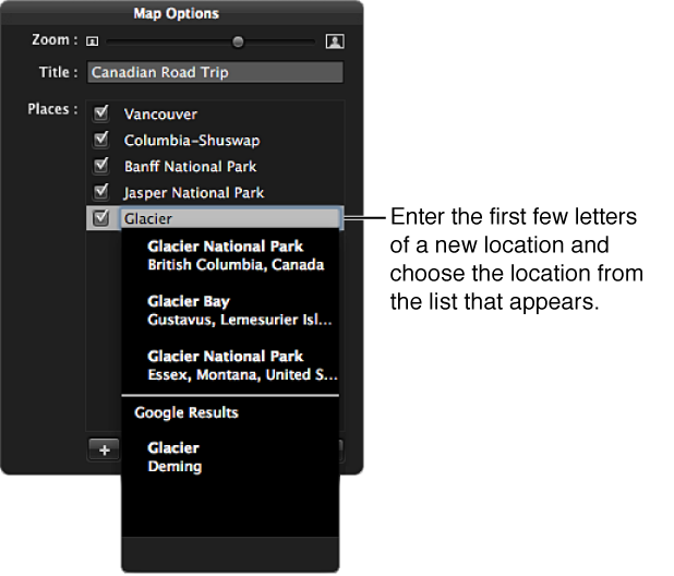 Figure. Map Options HUD showing information entered in place of the Untitled location and locations displayed in the search results.