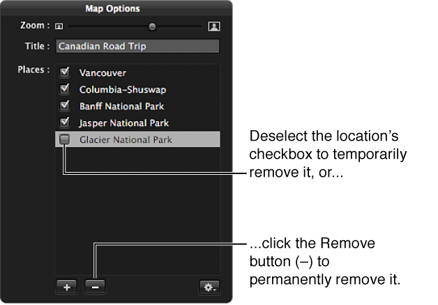 Figure. Map Options HUD showing a location's checkbox deselected.