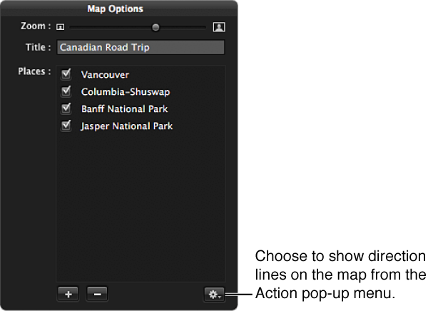 Figure. Action pop-up menu in the Map Options HUD.