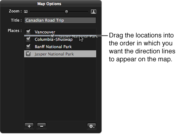 Figure. Map Options HUD shown dragging locations to rearranged the direction lines on the map in the book.