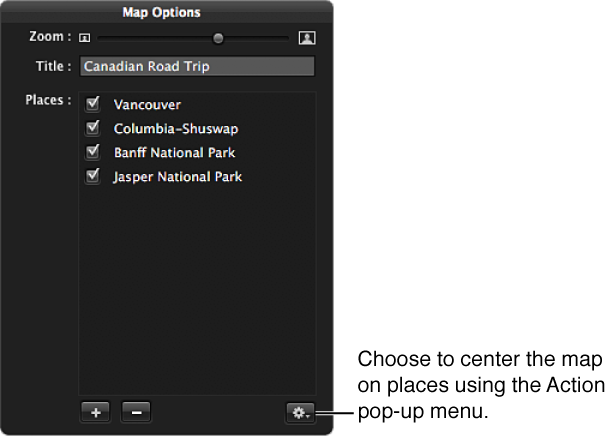 Figure. Action pop-up menu in the Map Options HUD.