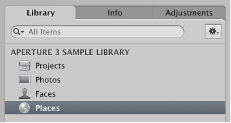 Figure. Places selected in the Library inspector.