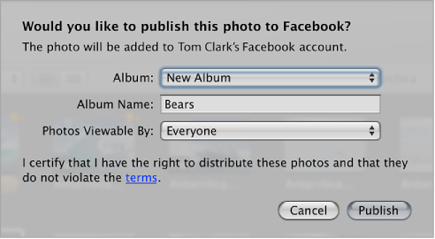 Figure. Dialog for publishing photos to a Facebook account's Wall.