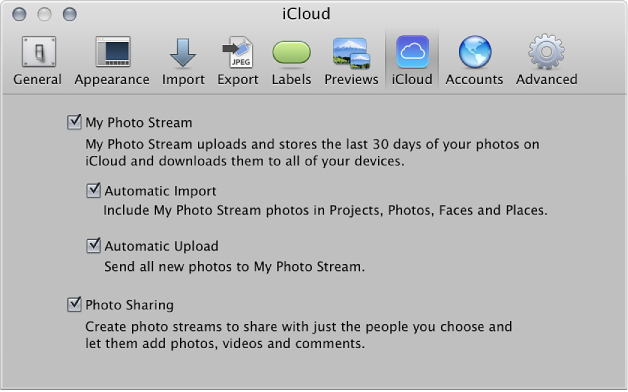Figure. Photo Stream pane in Aperture Preferences window