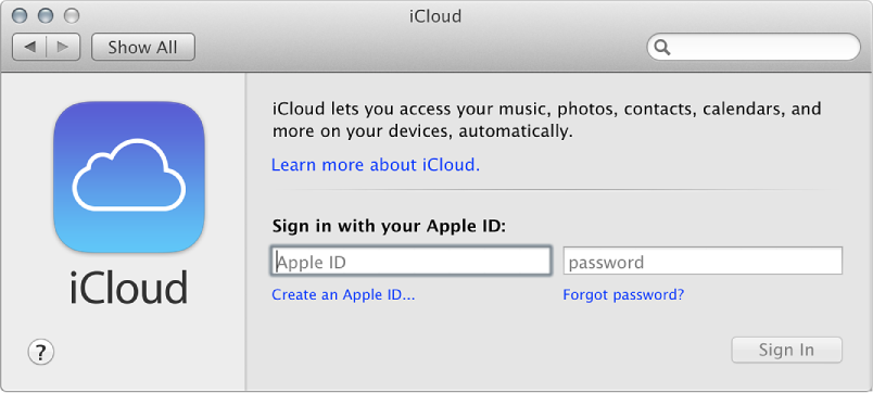 Figure. iCloud pane of System Preferences window