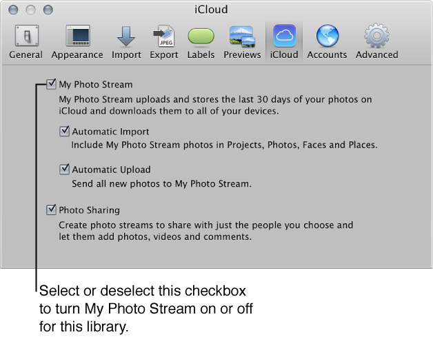 Figure. Photo Stream pane of System Preferences window