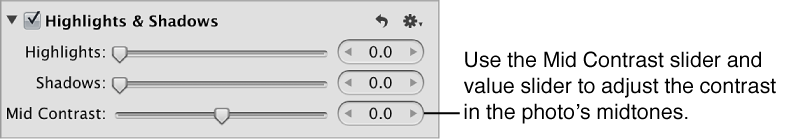 Mid Contrast controls in the Highlights & Shadows area of the Adjustments inspector.