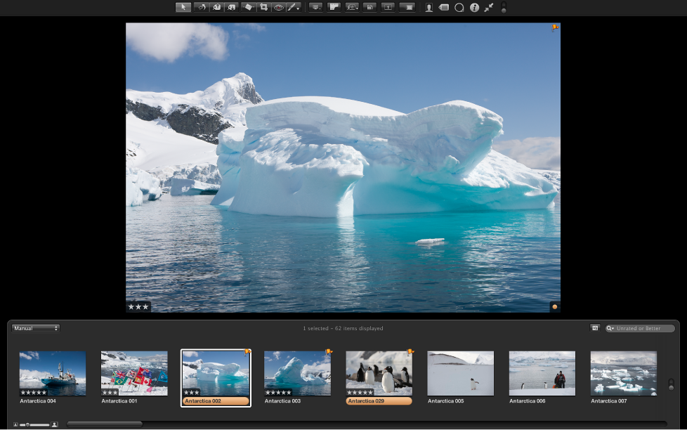 Figure. Full Screen view showing the toolbar, the filmstrip, and a full-screen view of the selected image.