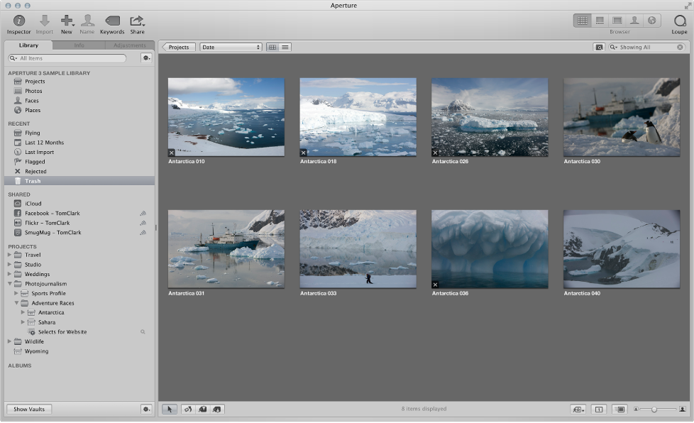 Figure. Aperture Trash selected in the Library inspector and the Trash contents displayed to the right in the Browser.