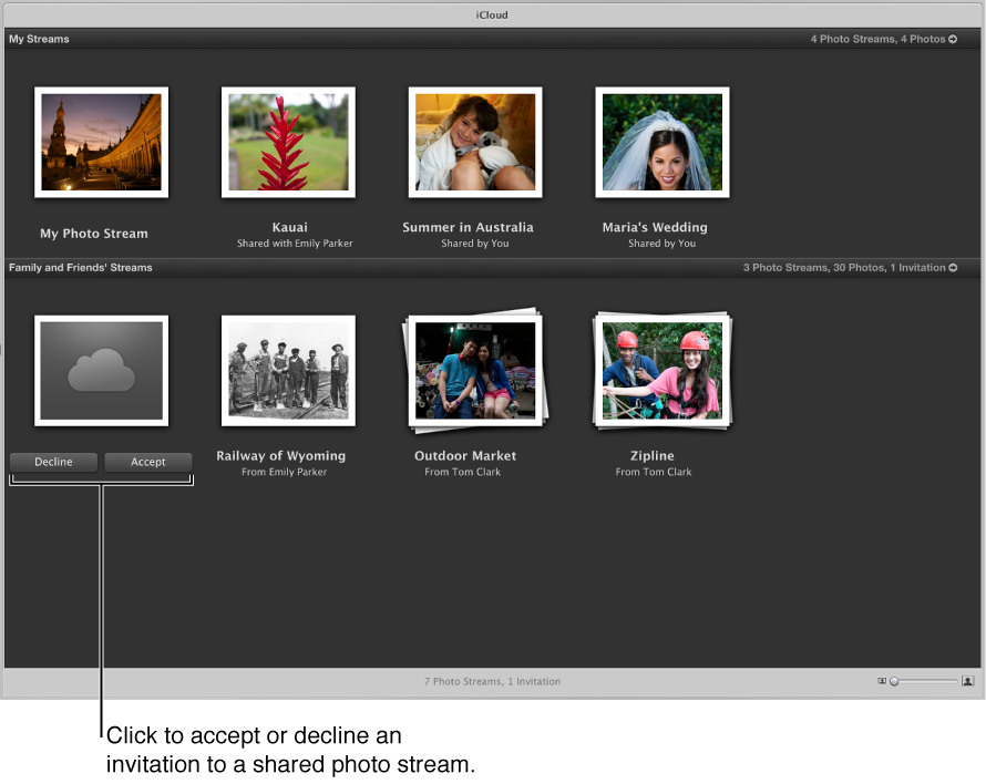 Shared photo stream invitation buttons