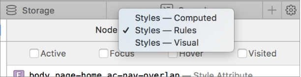 This screenshot shows the Styles menu in the details sidebar of the Elements tab.