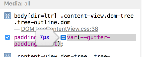 This screenshot shows the value exposed by the equals button for the var function in a CSS rule.