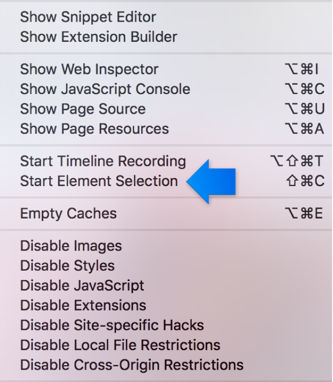 This screenshot shows the Start Element Selection feature.