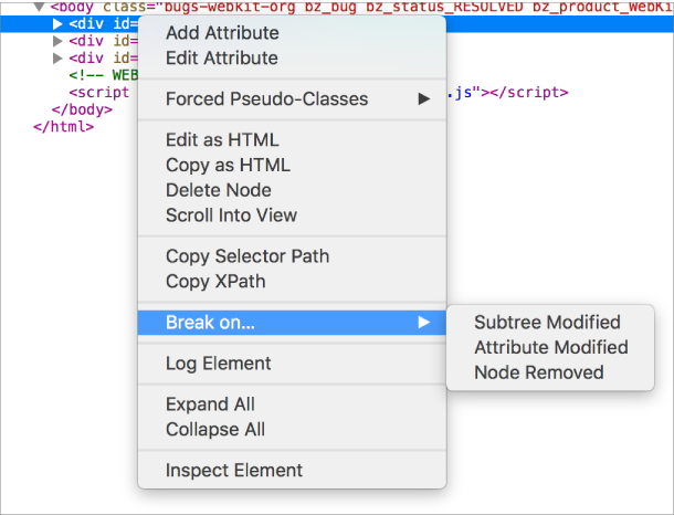 This screenshot shows the menu to set a DOM breakpoint in the Elements tab.