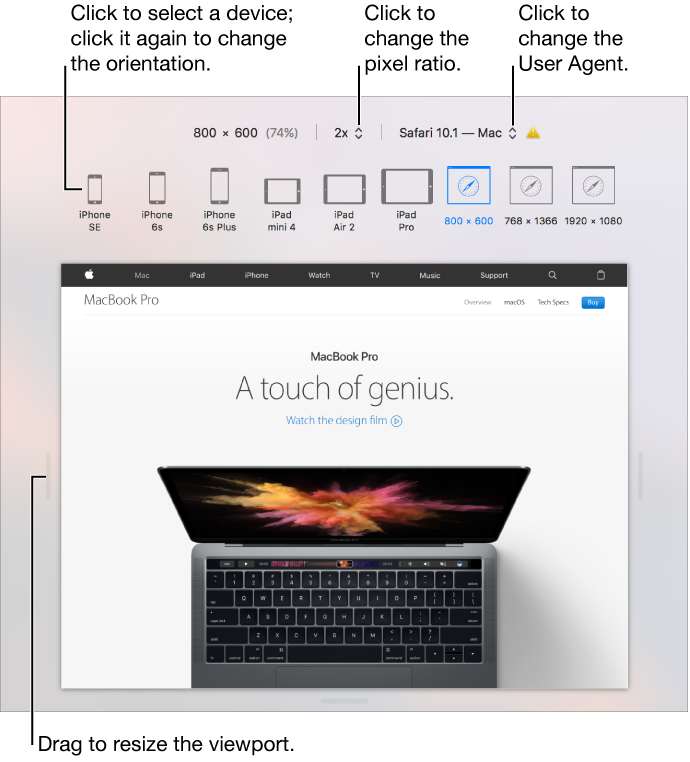 Safari Responsive Design mode, where you select a device to simulate, set viewport options, and test your website