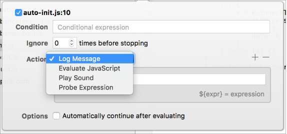 This screenshot shows the add action options in the edit breakpoint menu.
