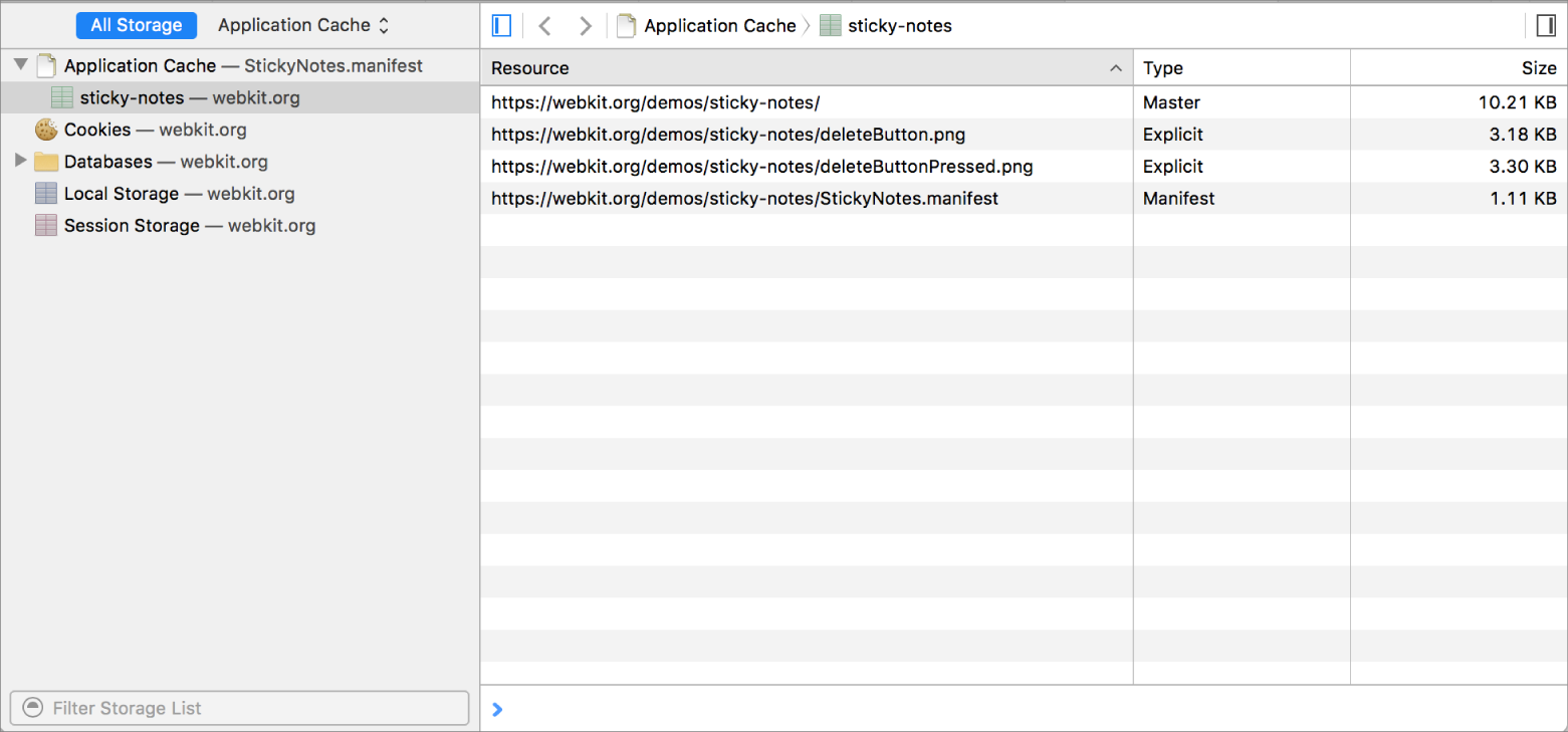 This screenshot shows the Application Cache values.