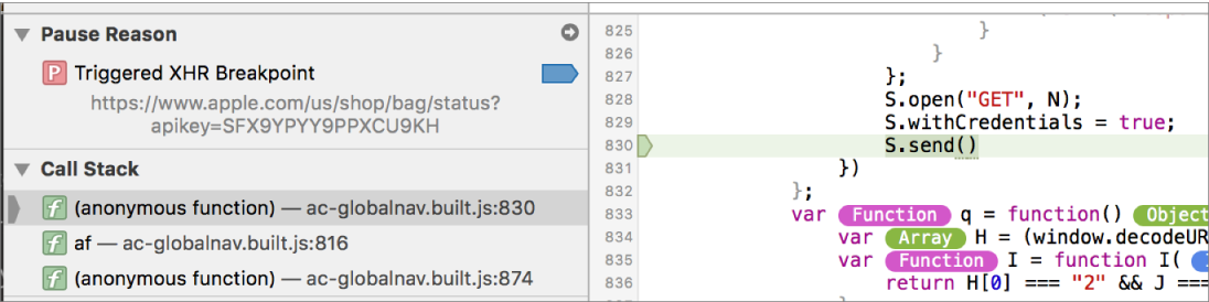 This screenshot shows the Pause Reason and call stack sections for a hit XHR breakpoint.