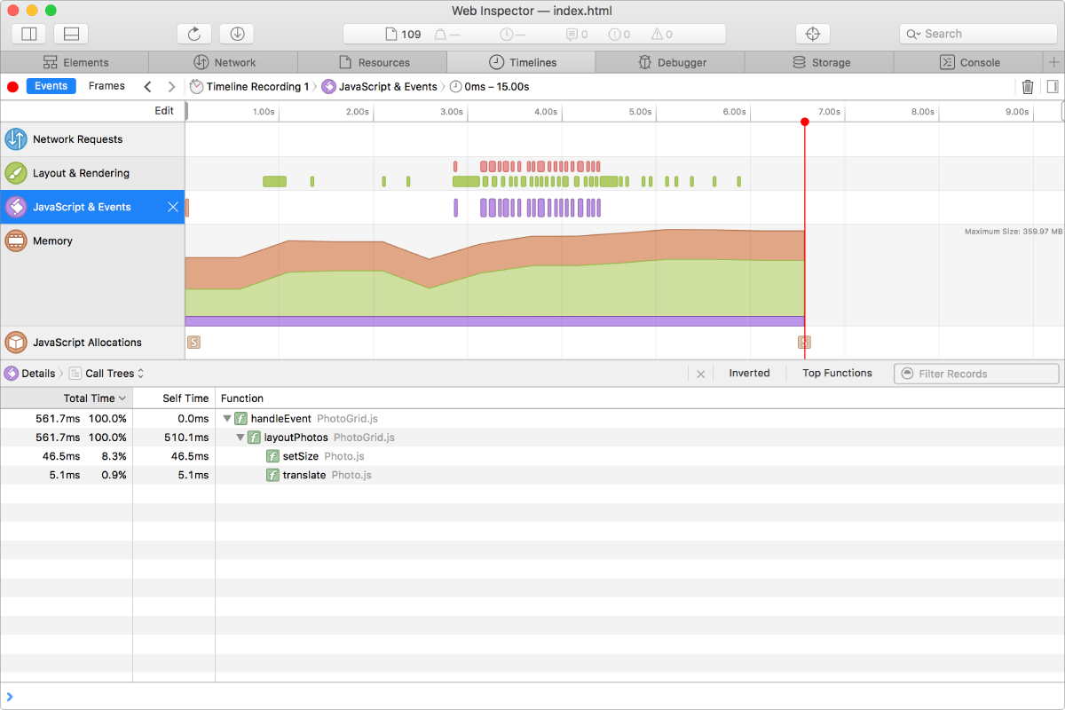 This screenshot shows the JavaScript & Events instrument.