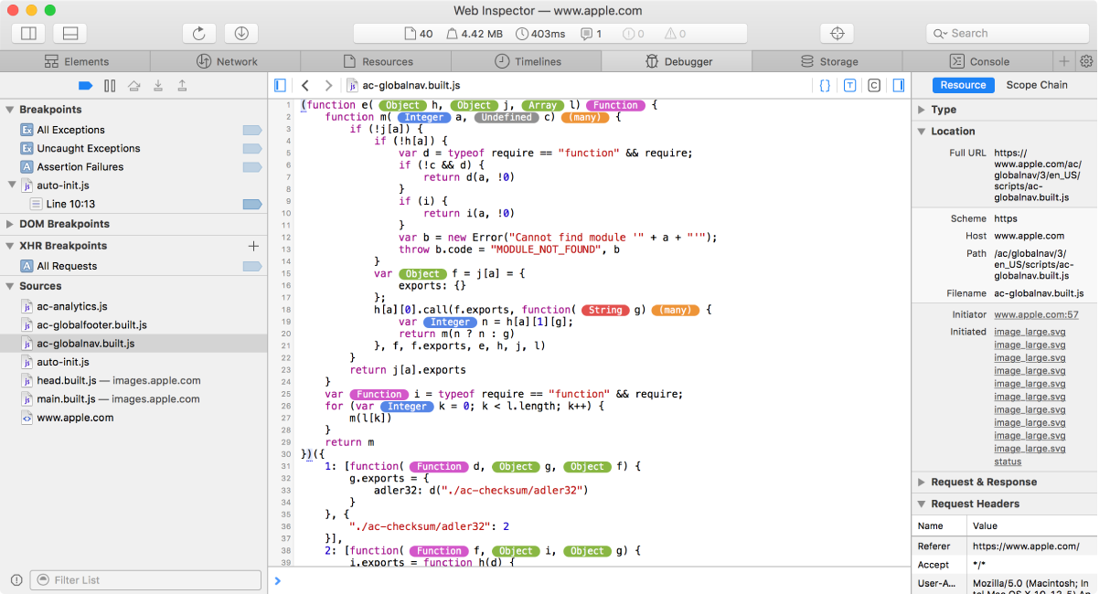 This is a screenshot of the Debugger tab showing the code with the enabled type profiling tool, with color coding. 