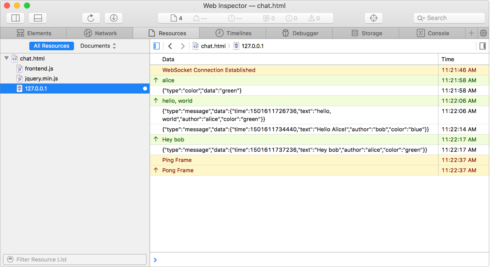 This screenshot shows the WebSocket section of the Resources tab.