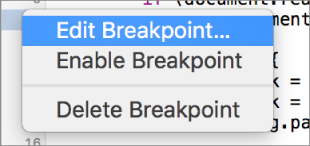 This screenshot shows the edit breakpoint menu.