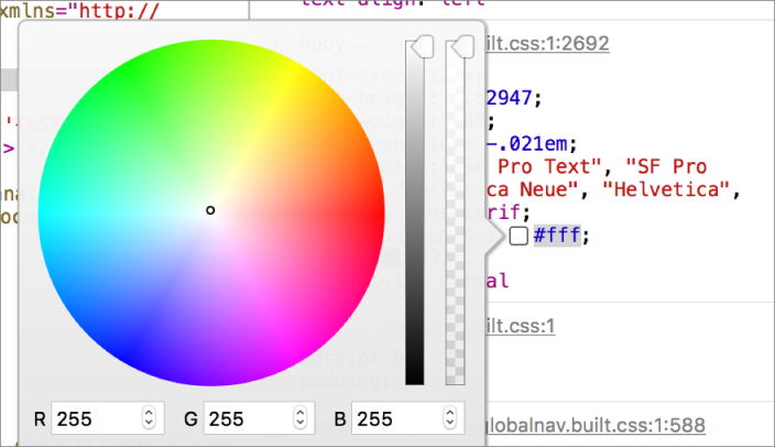 This screenshot shows the color editor for CSS rules.