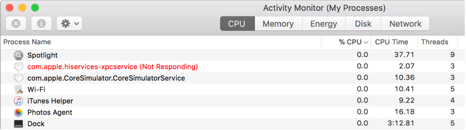 An unresponsive process in the Activity Monitor window.