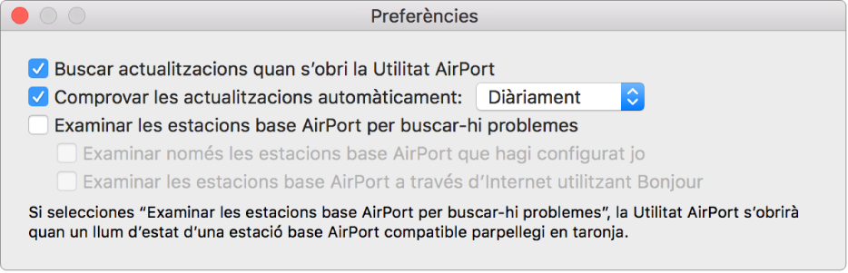 Preferències de la Utilitat AirPort en què es mostren les caselles “Buscar actualitzacions quan s’obri la Utilitat AirPort” i “Comprovar les actualitzacions automàticament”.